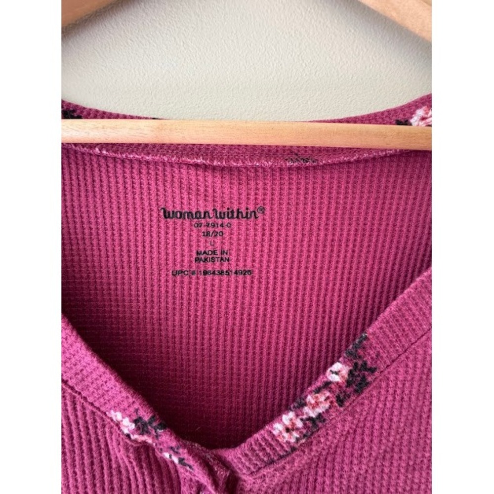 Floral Woman Within Top Women 18/20 Pink Waffle Knit Henley Babydoll Thermal 3/4 - Picture 3 of 5